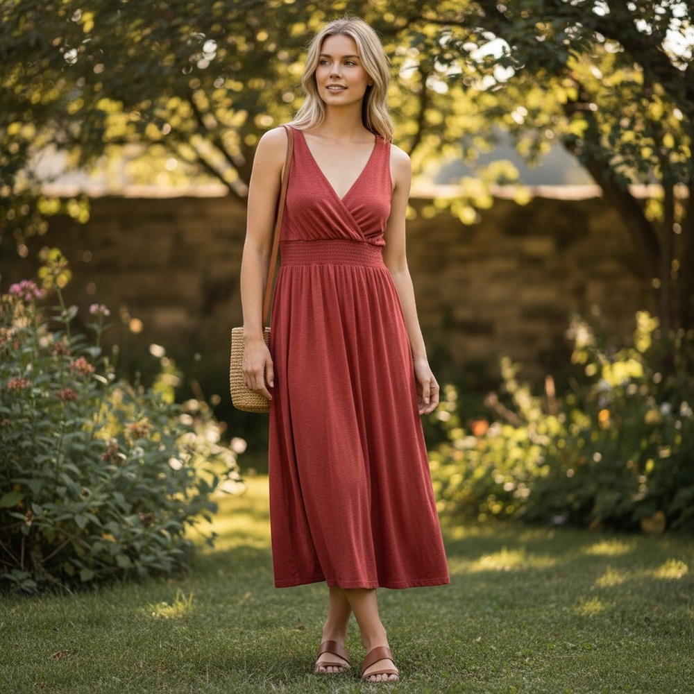 Christine Red V-Neck Smocked Waist Maxi Dress Med Knit Sleeveless Y2K Babydoll